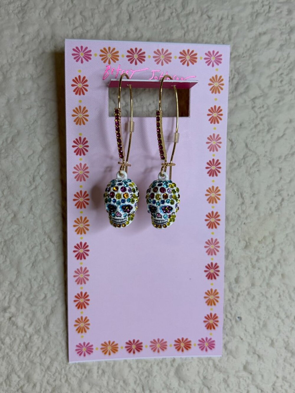 Betsey Johnson Sugar Skull Rhinestone Hoop Earrings Gold Tone NWT Halloween